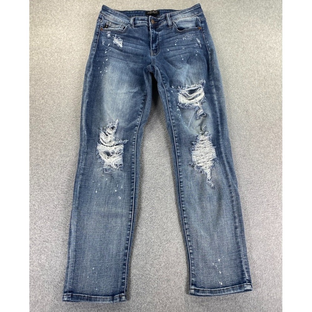 Judy Blue Boyfriend Fit Jeans Womens 9/29‎ Blue Splatter Destroyed Stretch Denim